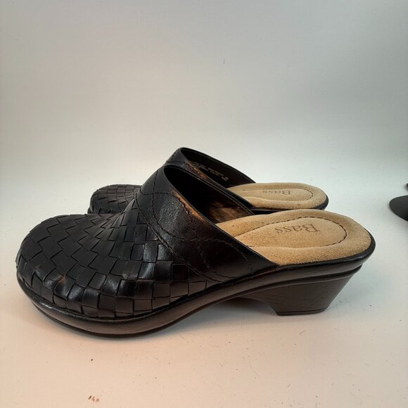 BASS Woven Clogs Black Slip On Leather Upper Size 5M Womens Round Toe - Picture 2 of 10